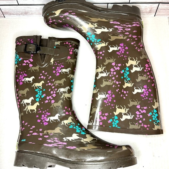 WESTERN Chief Mud Barn Rain Rubber Boots Size 7. “Horse Dance -Chestnut” Pattern - Picture 2 of 13